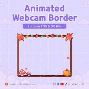 Könnte beinhalten: Animierter Webcam-Rahmen im Pixel-Art-Herbst-Design. Der braune Rahmen ist mit Blättern, Pilzen und einem Kürbis verziert. Der Text lautet "Animated Webcam Border" und "2 sizes in PNG & GIF files."