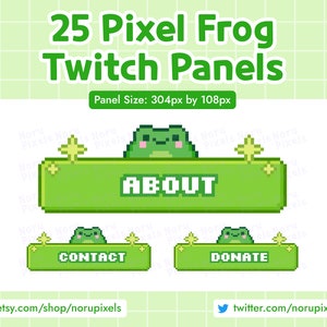 Könnte beinhalten: Grüne Twitch-Panels im Pixel-Art-Stil mit einem Frosch und dem Text "ABOUT", "CONTACT" und "DONATE". Die Panels sind 304 Pixel breit und 108 Pixel hoch.