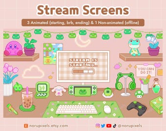 Cute Frog Gamer Desk Stream Screens | Kawaii Twitch Scenes Overlay