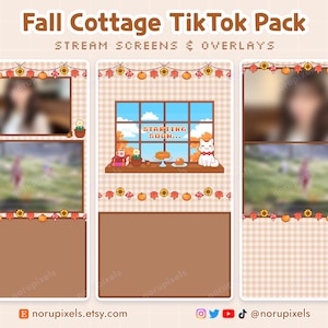 Puede incluir: Pack de TikTok Fall Cottage para pantallas y superposiciones. El diseño presenta un tema otoñal con una escena de ventana, un gato blanco y elementos decorativos como calabazas y hojas. El texto "Starting Soon..." es visible.