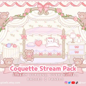 Peut inclure: Une illustration pixel art d'une chambre à coucher rose et blanche avec un lit à baldaquin, une table de chevet et un service à thé. Il y a deux ours en peluche avec des ailes, un chat blanc et un oreiller en forme de cœur sur le lit. Le texte "Coquette Stream Pack" est écrit en lettres roses sur un fond rose et blanc. Le texte "STREAM SCREENS, OVERLAY SET, BADGES & PANELS" est écrit en lettres blanches sur un fond rose. Le texte "E norupixels.etsy.com" est écrit en lettres blanches sur un fond rose. Le texte "@norupixels" est écrit en lettres blanches sur un fond rose.