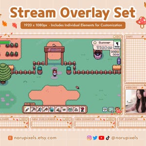 May include: A pixel art stream overlay set featuring a 1920 x 1080px resolution, including a game interface with a farm scene, chat box, webcam frame, and notification bars for followers, subscribers, and donators, decorated with autumn leaves.