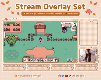 Mushroom Fall Leaves Stream Overlay Set for Twitch | Gingham Cottage Aesthetic Customizable Overlay Vtuber