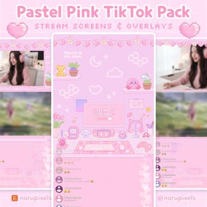 May include: A digital graphic pack titled Pastel Pink TikTok Pack Stream Screens & Overlays featuring a light pink theme with pixel art elements, including a central screen with the text Stream Is Starting, chat boxes, and various icons.