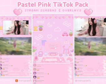 Puede incluir: Un paquete gráfico digital titulado Pastel Pink TikTok Pack Stream Screens & Overlays con un tema rosa claro y elementos de pixel art, que incluye una pantalla central con el texto Stream Is Starting, cuadros de chat y varios iconos.