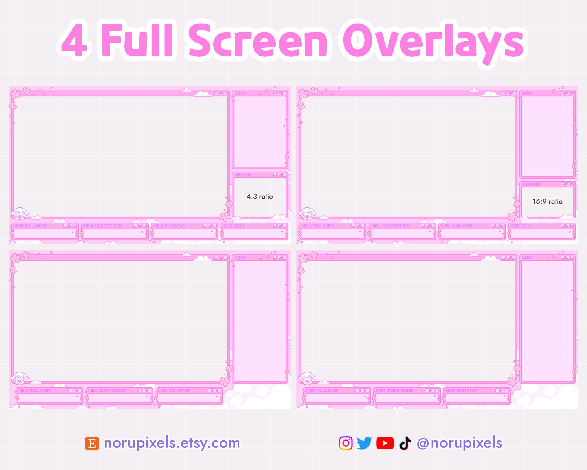 Customizeble Overlays Clouds and Pink Cherry Blossoms Twitch Stream Overlay Set | Pink Pixel ...