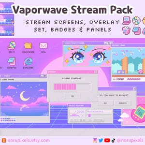 Könnte beinhalten: Eine digitale Grafik eines Vaporwave Stream Packs mit einem lila und rosa Farbschema. Das Bild enthält Stream-Bildschirme, Overlay-Sets, Abzeichen und Panels. Das Design zeigt Pixelkunst-Elemente, darunter einen Computer und Symbole.
