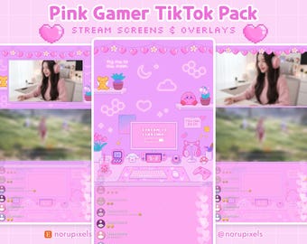 Puede incluir: Un paquete digital Pink Gamer TikTok que incluye pantallas de transmisión y superposiciones con un fondo de cuadrícula rosa claro. El diseño incluye elementos de pixel art como corazones, nubes, una consola, un teclado y el texto Stream is Starting.