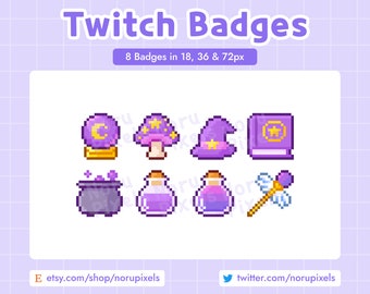 Kawaii Pastel Witch Twitch Sub Badges, Purple Magic Potion Pixel Art Bit Badges, Cute Spell Book Stream Asset, VTuber Chat Flair