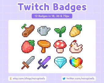 Cosy Farming Twitch-subbadges | Pixelart boerderij- en natuurbitbadges voor slingers