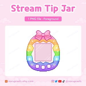 May include: A digital illustration of a pixelated Stream Tip Jar in the shape of a retro handheld game. The jar is outlined in rainbow colors, with a pink bow at the top and a blank screen. Text at the top reads "Stream Tip Jar".