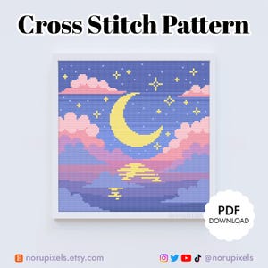 May include: A cross stitch pattern featuring a crescent moon, stars, and clouds in a pixelated style. The colors are pink, yellow, and blue. The pattern is framed in a white frame.