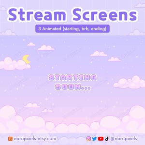 Könnte beinhalten: Digitales Grafikdesign für Stream-Bildschirme mit Pixel-Design. Der Hintergrund ist ein Farbverlauf aus Lila und Weiß, mit Wolken, Sternen und einem Halbmond. Der Text enthält "Stream Screens" und "Starting Soon..."