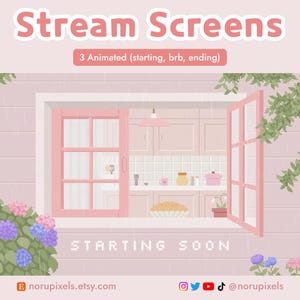 May include: A digital illustration of a pink window with a view of a kitchen. The text "Stream Screens" and "Starting Soon" are displayed. The image includes animated screens for streaming.