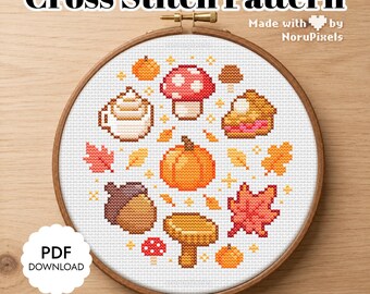 Fall Leaves Cross stitch Pattern | Autumn Mushroom Pumpkin Xstitch Chart PDF