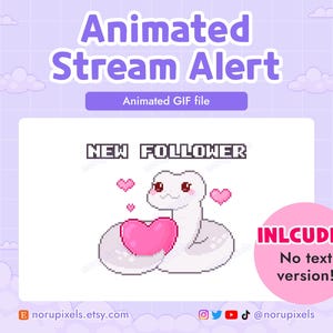 Vit ormströmningsalarm | Pixelanimerade Twitch-alarmer Söt ormhjärta
