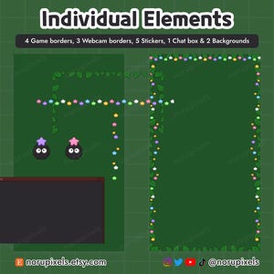 Puede incluir: Elementos de arte digital para streaming, que incluyen bordes de juego y webcam, pegatinas, un cuadro de chat y fondos. El dise&ntilde;o presenta un fondo verde oscuro con estrellas de colores y detalles de hojas. El texto "Individual Elements" est&aacute; en la parte superior.