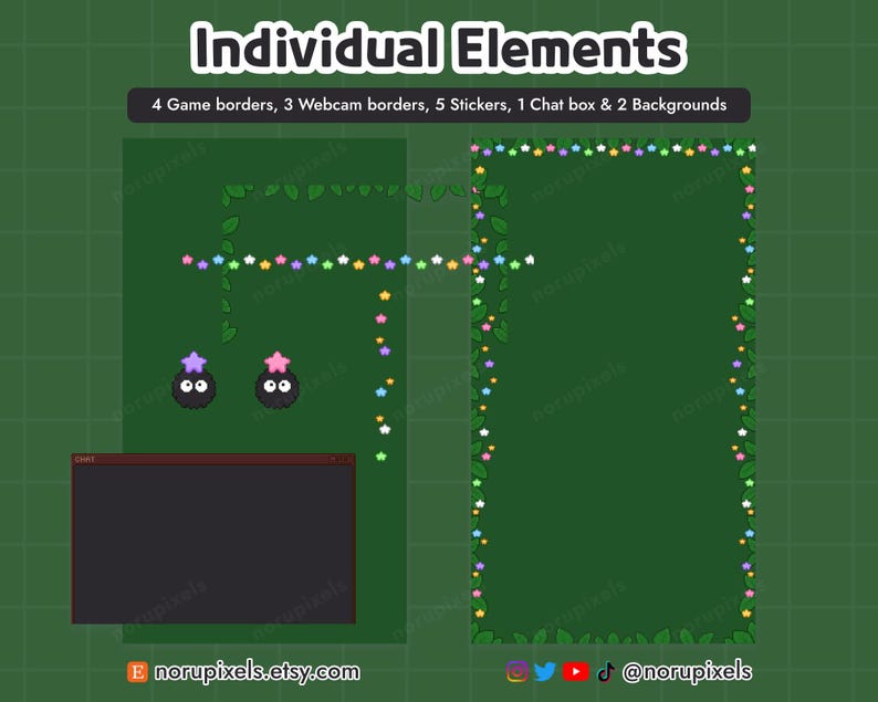 Puede incluir: Elementos de arte digital para streaming, que incluyen bordes de juego y webcam, pegatinas, un cuadro de chat y fondos. El dise&ntilde;o presenta un fondo verde oscuro con estrellas de colores y detalles de hojas. El texto "Individual Elements" est&aacute; en la parte superior.