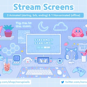 Animated Stream Screens Kawaii Blue Gamer Desk | Aesthetic Cute Twitch Screen Setup Overlay | 8 bit Pixel art stream screens