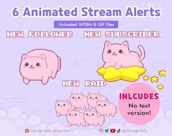 Pacote de alertas de transmissão do Twitch com gatos rosa animados | Alerta de transmissão de invasão de gatos | Pacote de transmissão de gatos pixelados
