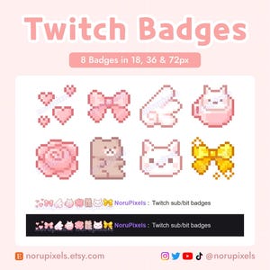 May include: A collection of eight pixelated Twitch badges in pink, white, and yellow. The badges include hearts, bows, wings, a cat in a teacup, a rose, a bear, a cat, and a bow. Text at the top reads "Twitch Badges".