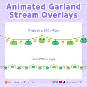 May include: Animated garland stream overlays featuring pixelated green frog and star designs. The text indicates two sizes: 800 x 92px and 1920 x 92px. The background is a light purple with cloud illustrations.
