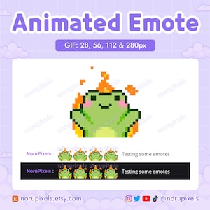 Può includere: GIF animato di pixel art di una rana verde in fiamme. La rana sorride e ha le braccia alzate. Il GIF è disponibile in quattro dimensioni: 28, 56, 112 e 280 pixel. Il testo "NoruPixels: Test di alcune emoji" appare due volte sotto il GIF.