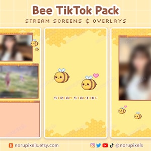 Könnte beinhalten: Ein digitales Bee TikTok Pack mit Stream-Bildschirmen und Overlays. Das Design zeigt einen gelben Hintergrund mit pixeligen Wabenmustern und niedlichen Bienenillustrationen. Der Text "Bee TikTok Pack" steht oben.