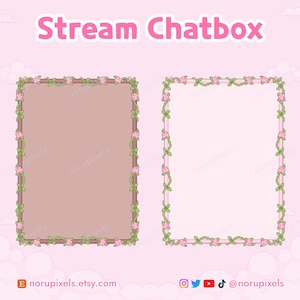 Peut inclure: Deux cadres rectangulaires de chatbox pour streaming sur un fond rose clair avec des motifs de nuages. Chaque cadre présente une bordure de vignes vertes et de petites fleurs roses. Le texte Stream Chatbox est en haut, norupixels.etsy.com en bas.