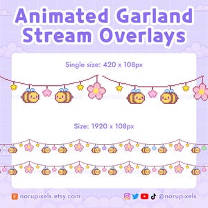 May include: Animated garland stream overlays featuring pixelated bees, flowers, and stars. Text indicates single and large sizes: 420 x 108px and 1920 x 108px. The design is set against a light purple background with clouds.