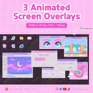 Peut inclure: Image avec l'inscription "3 Animated Screen Overlays" sur fond rose. L'image présente des superpositions d'écran animées dans une esthétique rétro, avec des fenêtres en pixel art et une interface de lecteur de musique. Conçu pour le streaming.