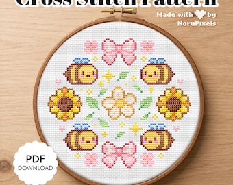 Sunflower Bees Cross stitch Pattern | Summer Floral Xstitch Chart PDF