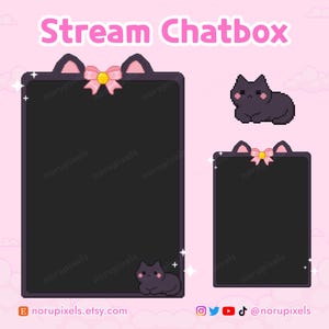 Kawaii Black Cat Chat Box Overlay, Pixel Art Neko Just Chatting Frame, Cute VTuber Stream Widget Background, Cat Ears Twitch UI