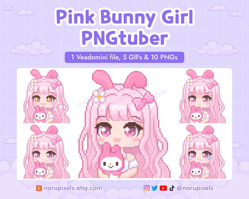 Pink Bunny Girl Chibi PNGtuber Veadotube Mini for Twitch Streamer | Cute Bunny PNG tuber - 5 expressions