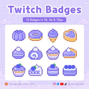 Puede incluir: Gráfico digital con 12 insignias de Twitch pixeladas en morado, que representan postres como donuts, helados y pasteles. El texto "Twitch Badges" está en la parte superior, con "12 Badges in 18, 36 & 72px" debajo. El nombre de la tienda Etsy es visible.