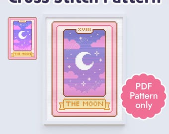 Moon Tarot Card Cross Stitch Pattern PDF | Kawaii Moon Cross Stitch PDF | Witchy Cross Stitch