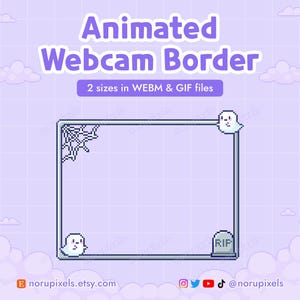 以下が含まれることがあります： ピクセルデザインのアニメーションWebカメラボーダー。ボーダーは長方形で、隅にクモの巣、2つの幽霊の姿、そして「RIP」と書かれた墓石があります。「Animated Webcam Border」の文字が上にあり、その下に「2 sizes in WEBM & GIF files」と書かれています。