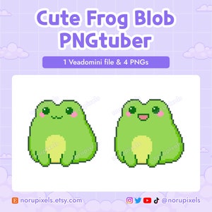 May include: A pixel art illustration of a cute green frog with a big smile and pink cheeks. The frog is sitting on a white background.