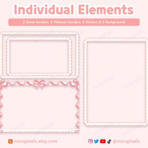 Puede incluir: Tres bordes de juego rosa y blanco con una cinta y un lazo rosa, cuatro bordes de webcam rosa y blanco y dos fondos rosa y blanco.  Elementos individuales. 3 bordes de juego, 4 bordes de webcam, 5 pegatinas y 2 fondos.