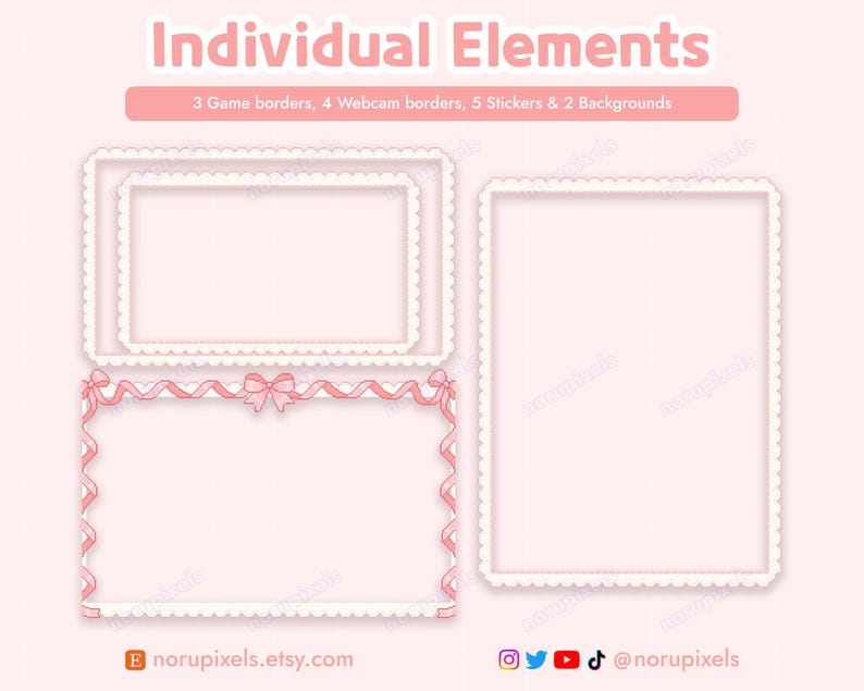 Puede incluir: Tres bordes de juego rosa y blanco con una cinta y un lazo rosa, cuatro bordes de webcam rosa y blanco y dos fondos rosa y blanco.  Elementos individuales. 3 bordes de juego, 4 bordes de webcam, 5 pegatinas y 2 fondos.