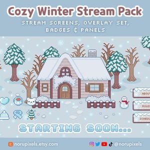 Può includere: Un pacchetto di risorse digitali in pixel art intitolato Cozy Winter Stream Pack che include schermate di streaming, overlay, badge e pannelli. Il design mostra una casa coperta di neve, alberi, un pupazzo di neve e icone come fiocchi e vestiti.