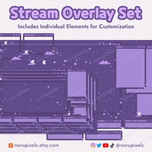 Könnte beinhalten: Ein lila Stream-Overlay-Set mit einzelnen Elementen zur Anpassung. Das Design umfasst Webcam-, Chat- und untere Drittel-Elemente. Das Set zeigt ein Sternenhimmel-Thema mit Monden und Wolken. Der Text "Stream Overlay Set" ist oben.