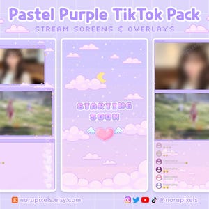 May include: A pastel purple TikTok pack with stream screens and overlays. The design features pixelated clouds, stars, and a heart with wings. The text "STARTING SOON" is displayed. The Etsy shop name and social media handles are also visible.