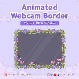 May include: A pixel art webcam border featuring a rectangular frame decorated with green vines and purple roses. The text reads Animated Webcam Border and 2 sizes in GIF & PNG files. Small pink butterflies and white sparkles accent the corners.
