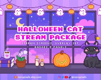 Halloween Witch Cat Twitch Stream Overlay Package | Cute Spooky Animated stream screens, Badges, Panels | Vtuber Friendly