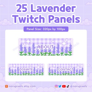 Può includere: Un set di 25 pannelli Twitch in pixel art viola e verde con fiori di lavanda e uno sfondo a scacchi. I pannelli sono larghi 320 pixel e alti 100 pixel. Il testo "ABOUT", "DONATE" e "CONTACT" è visualizzato sui pannelli.