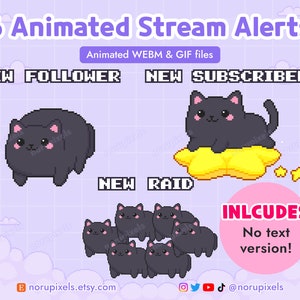 アニメーション ブラック キャット Twitch ストリーム アラート パック | ストリーム新規登録者寄付レイド アラート | ピクセル キャット ストリーム パック