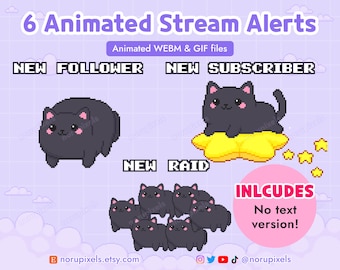 Pacote de alertas animados de transmissão do Black Cat Twitch | Transmitir alerta de invasão de doação de novos assinantes | Pacote de fluxo Pixel Cat