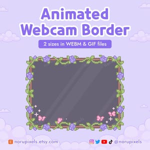 Puede incluir: Borde de webcam animado con un diseño floral. El borde es un rectángulo con un centro gris oscuro, rodeado de enredaderas verdes, flores moradas y mariposas rosas. El texto "Animated Webcam Border" está en la parte superior.