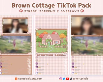 Puede incluir: Un paquete de arte digital "Brown Cottage TikTok Pack" con pantallas y superposiciones de transmisión. El diseño incluye una ilustración de una cabaña, elementos de la interfaz de usuario y el texto "STARTING SOON...". La paleta de colores es marrón claro y rosa.